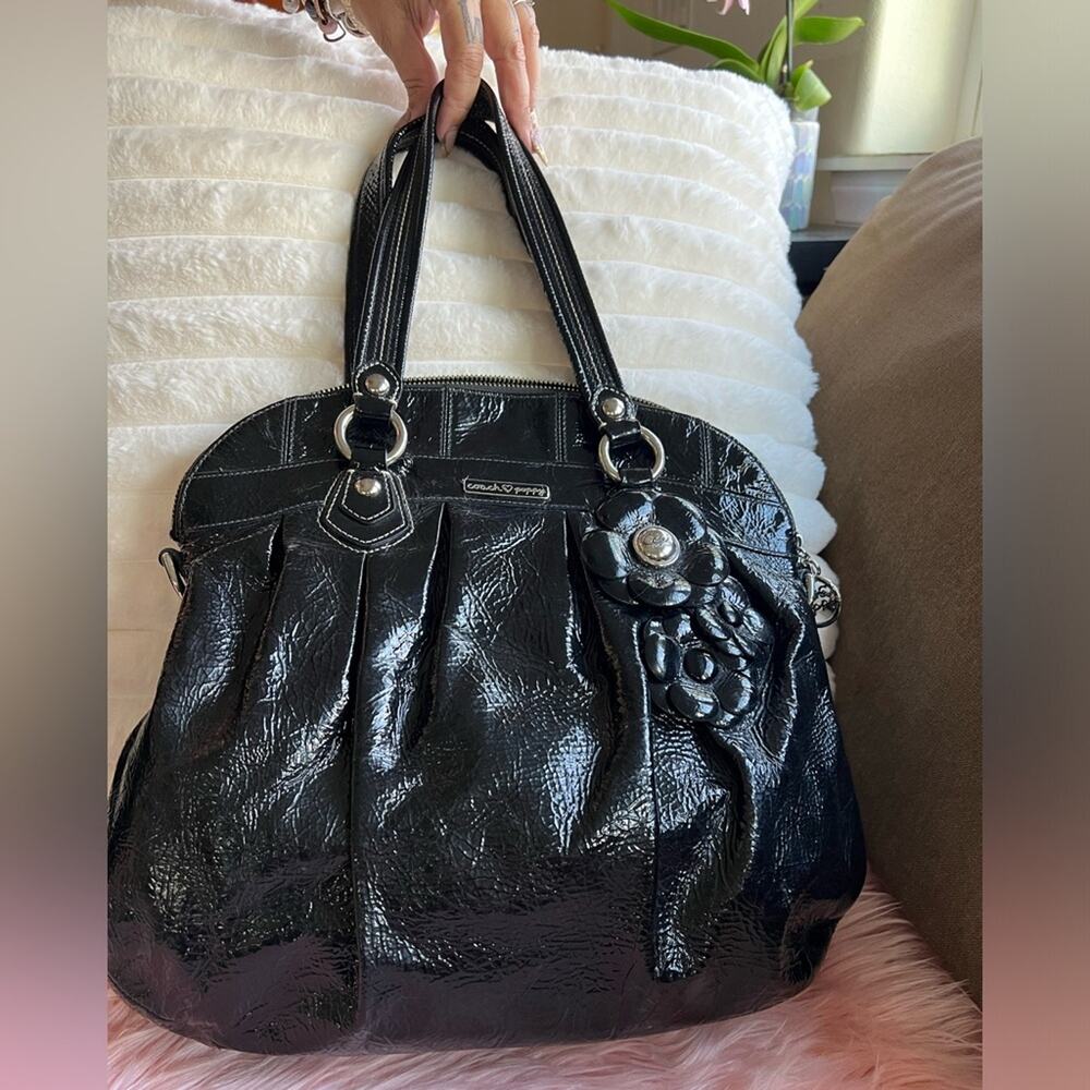 Coach Poppy Black Patent Leather Bucket Bag w/ Flower Decals 16491